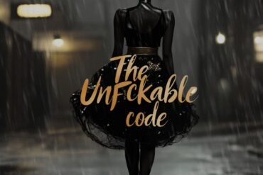 A powerful Black woman walking confidently in the rain wearing a black and gold dress, representing The Unfuckable Code — a transformative code for women reclaiming identity, purpose, and power.