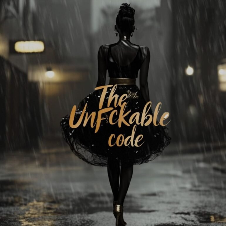 A powerful Black woman walking confidently in the rain wearing a black and gold dress, representing The Unfuckable Code — a transformative code for women reclaiming identity, purpose, and power.