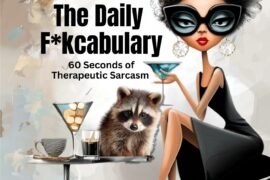 Illustration for The Daily Fuckcabulary podcast featuring a stylish Black woman in oversized sunglasses holding a martini, with the tagline "60 Seconds of Therapeutic Sarcasm" and a raccoon on a cocktail table — a playful visual for The Daily Fuckcabulary.