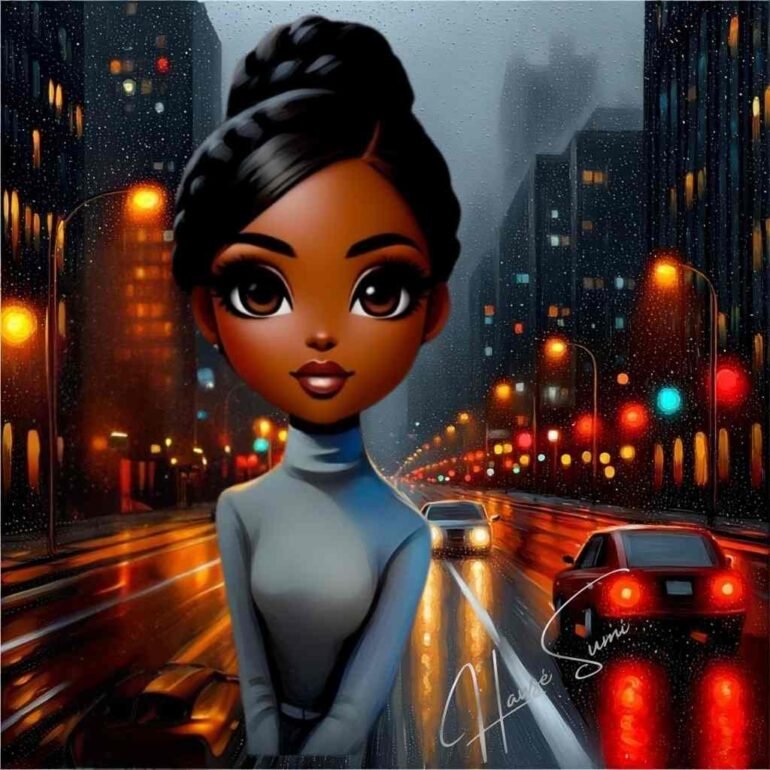 A cinematic image representing bold messy magnetic relationships, showing a woman caught between desire and reflection, illuminated by city lights and emotional tension.