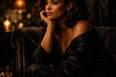 A moody lounge scene symbolizing healing in the shadow, featuring a woman sitting quietly in low light, surrounded by darkness, reflection, and emotional depth.