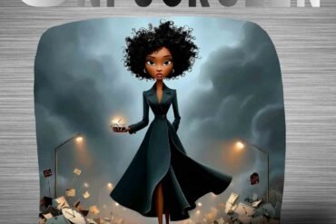 A powerful woman walking confidently through chaos in a dark green coat, holding shattered glass in her hand, surrounded by rubble and smoke — a visual representation of the “unfuckseen meaning,” where unexpected destruction becomes the start of transformation.