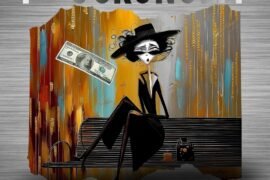 Stylized Tim Burton-inspired character sitting with a floating dollar bill, representing the fuckonomy meaning and mindset — the emotional budget of energy, patience, and tolerance.