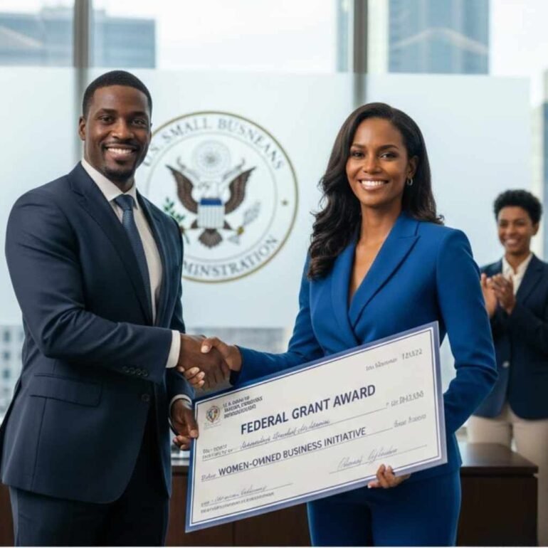 Businesswoman in a blue suit shaking hands while holding a large ceremonial check labeled ‘Federal Grant Award – Women-Owned Business Initiative,’ with U.S. Small Business Administration seal visible behind her and colleagues applauding in a modern office setting.
