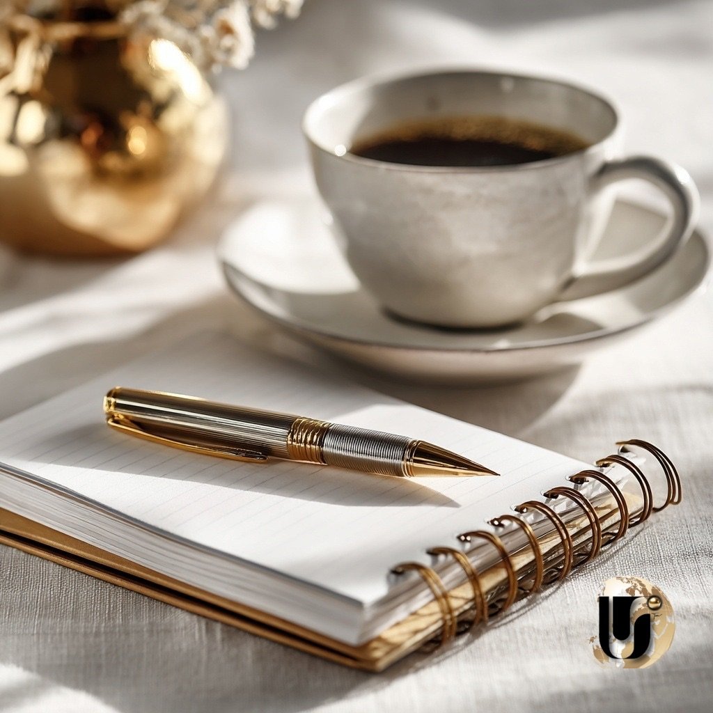 Quiet moment of reflection with notebook and coffee, representing rethinking money, career paths, and personal wealth choices