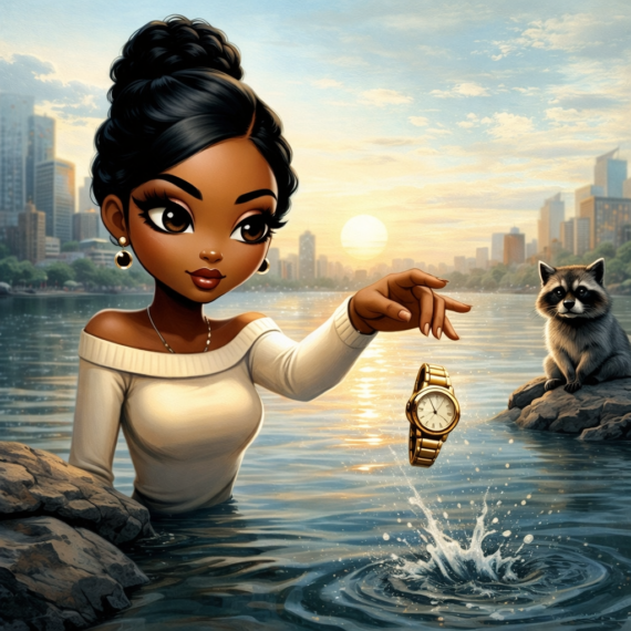 The Chronological Cage: Why I Don’t Wear a Watch” — Stylized Afro-bohemian woman with a high bun and gold earrings stands waist-deep in a calm river at sunset, deliberately releasing a gold wristwatch into the water while a raccoon observes from a nearby rock. The scene symbolizes rejecting clock-driven productivity in favor of momentum, strategic presence, and creative freedom