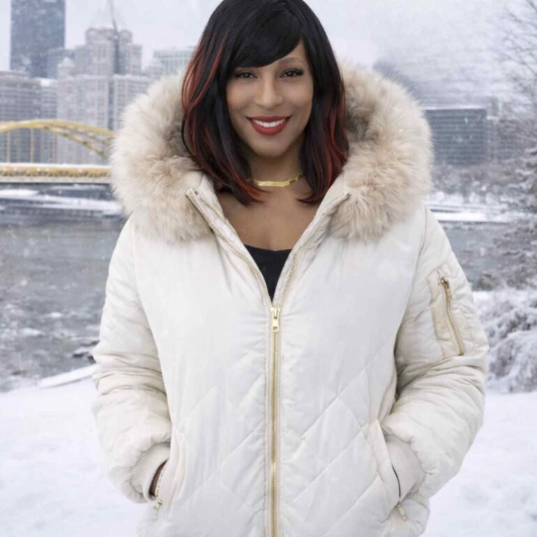 Single in the Steel City 2026 winter portrait of a woman in Pittsburgh wearing a silver bomber jacket with a white fur hood, standing outside during heavy snowfall with a confident smile and red lipstick.