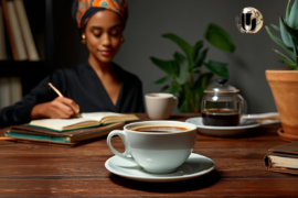 Woman sitting at a quiet desk with coffee and journal, reflecting on wealth, clarity, and intentional decision-making
