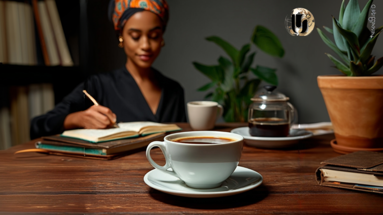 Woman sitting at a quiet desk with coffee and journal, reflecting on wealth, clarity, and intentional decision-making