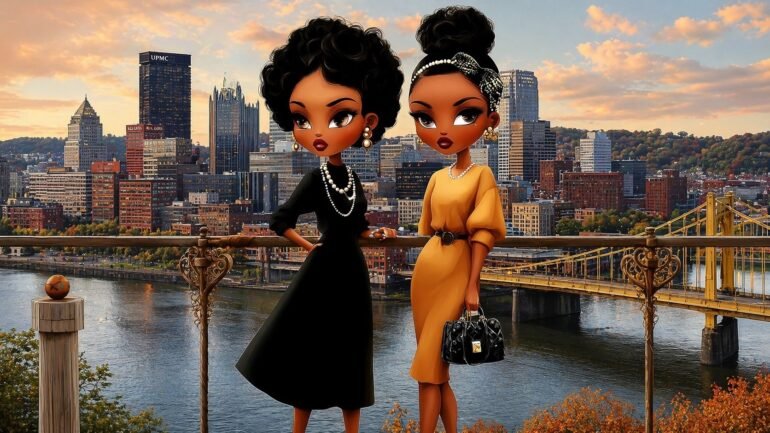 Chi Chi and Takara on a Pittsburgh rooftop at golden hour — ready for a relationship after being